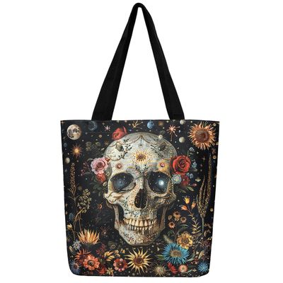 ArtfulHome Sugar Skull Canvas Tote Bag for Women | Gothic Goth Skeleton Travel Bag Exotic Boho Floral Reusable Cloth Cotton Bags Halloween Bone Room Decor