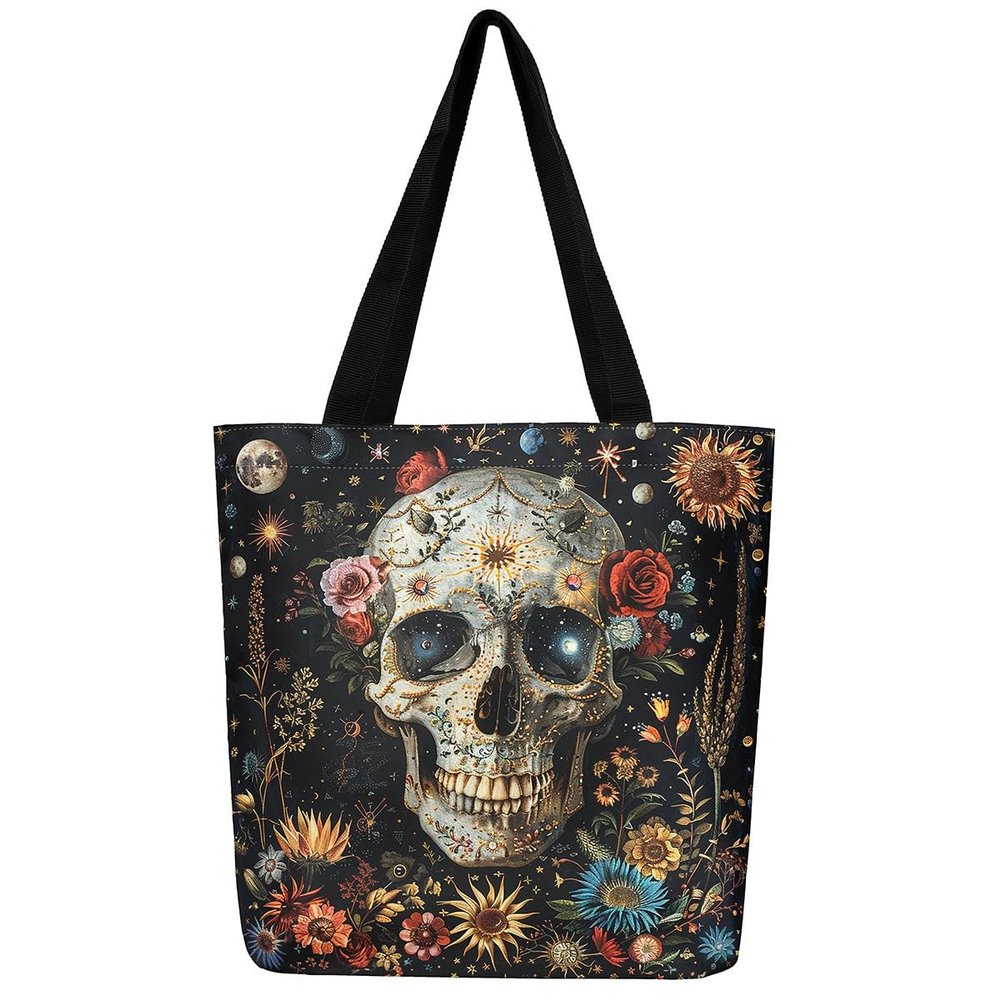 ArtfulHome Sugar Skull Canvas Tote Bag for Women | Gothic Goth Skeleton Travel Bag Exotic Boho Floral Reusable Cloth Cotton Bags Halloween Bone Room Decor