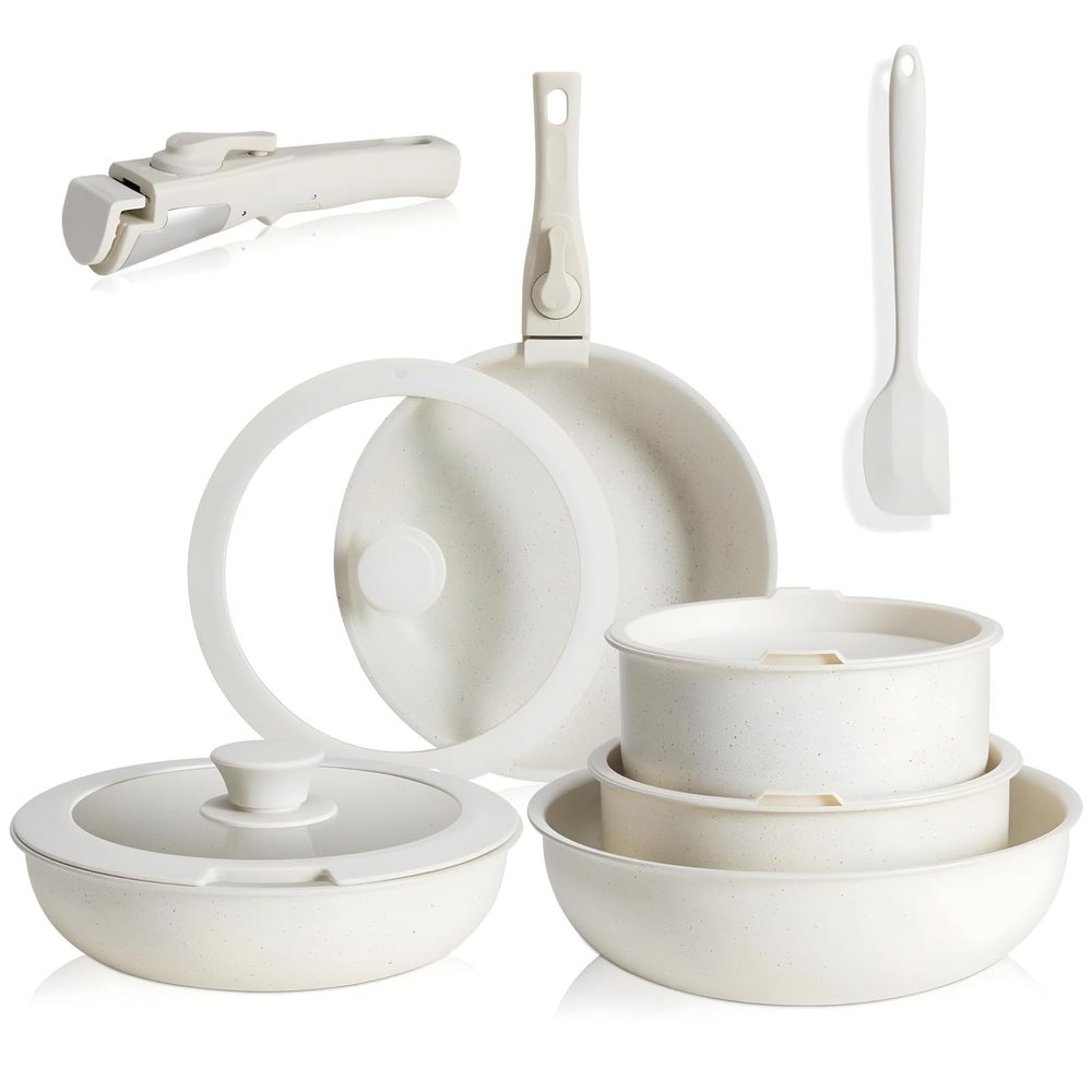12Pcs Pots and Pans Set, Nonstick Cookware Sets White Granite Induction Cookware