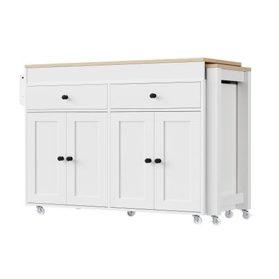 CYJZH 74.5 inch Kitchen Island with Extendable Dining Table, Rolling Kitchen Island on Wheels with Spice Rack and 2 Drawers, Kitchen Storage Cart with 4 Door Cabinet (Grey + Particle Board + MDF)