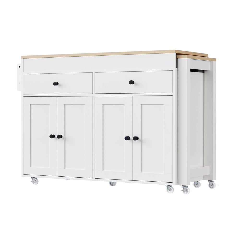CYJZH 74.5 inch Kitchen Island with Extendable Dining Table, Rolling Kitchen Island on Wheels with Spice Rack and 2 Drawers, Kitchen Storage Cart with 4 Door Cabinet (Grey + Particle Board + MDF)