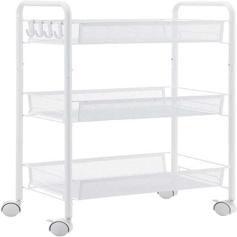 UWYTGF Storage Cart Kitchen Bathroom Bathroom Shelf Metal Trolley with Wheels Three-Layer Storage Rack Hook Trolley,Black,1