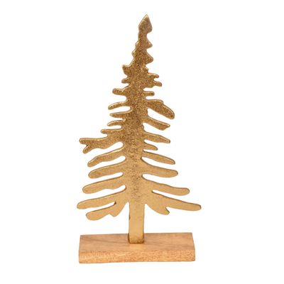Aluminum Cast Decorative Tree with Wood Base Christmas Tabletop Decoration, Gold, 12.5