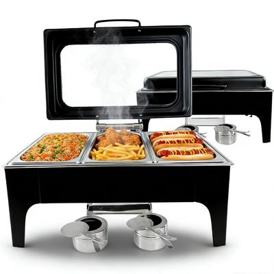 Black Chafing Dishes for Buffet,9L Stainless Steel Chafing Dish Buffet Set,Transparent Hydraulic Lid & Smooth Edges & Fuel Tank,Food Warmers for Parties Buffet for Wedding/Event