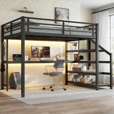 Bellemave Metal Queen Size Loft Bed with Desk and Storage Stairs,Heavy Duty Loft Bed Frame Queen Size with LED Lights and Charging Station for Kids,Teens,Adults,Black Desk