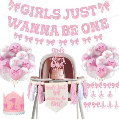 39PCS Girls Just Wanna Be One Party Decorations,1st Birthday Decorations, Kits Includes Pink Bow Banner, Cake Cupcake Toppers, Birthday hatBalloons, high chair Banner for First Year Coquete Theme