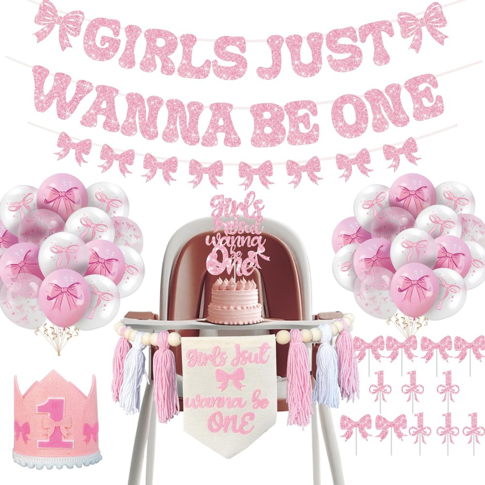 39PCS Girls Just Wanna Be One Party Decorations,1st Birthday Decorations, Kits Includes Pink Bow Banner, Cake Cupcake Toppers, Birthday hatBalloons, high chair Banner for First Year Coquete Theme
