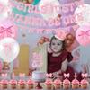 39PCS Girls Just Wanna Be One Party Decorations,1st Birthday Decorations, Kits Includes Pink Bow Banner, Cake Cupcake Toppers, Birthday hatBalloons, high chair Banner for First Year Coquete Theme view 2