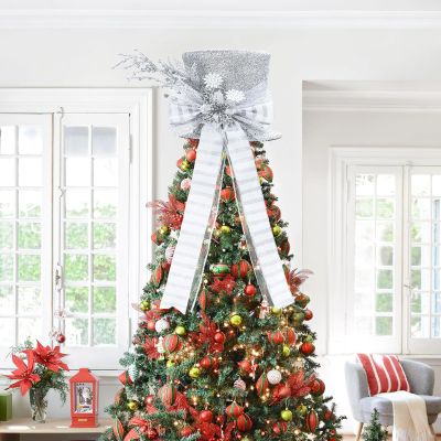 Christmas Tree Topper with Bow, 9.8" Top Hat Christmas Tree Topper for Holiday Thanksgiving Xmas Decorations Indoor/Outdoor