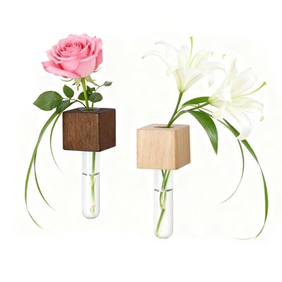 Magnetic Test Tube Flower Vases for Refrigerator, Set of 2 Wooden Fridge Magnet Planters with Glass Tubes Light & Dark Wood Color, Propagation Station for Hydroponic Display (No Plant Included)