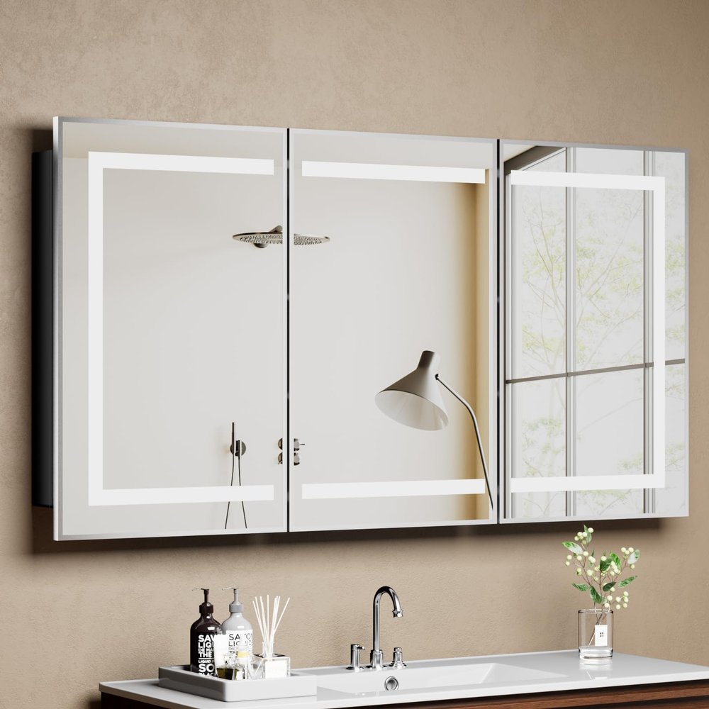 LOVMOR Led Medicine Cabinet with Mirror, Bathroom Vanity Mirror Cabinet with Shelves, 3-Color Lights Dimmer (Silver, 32" H x 48" W)