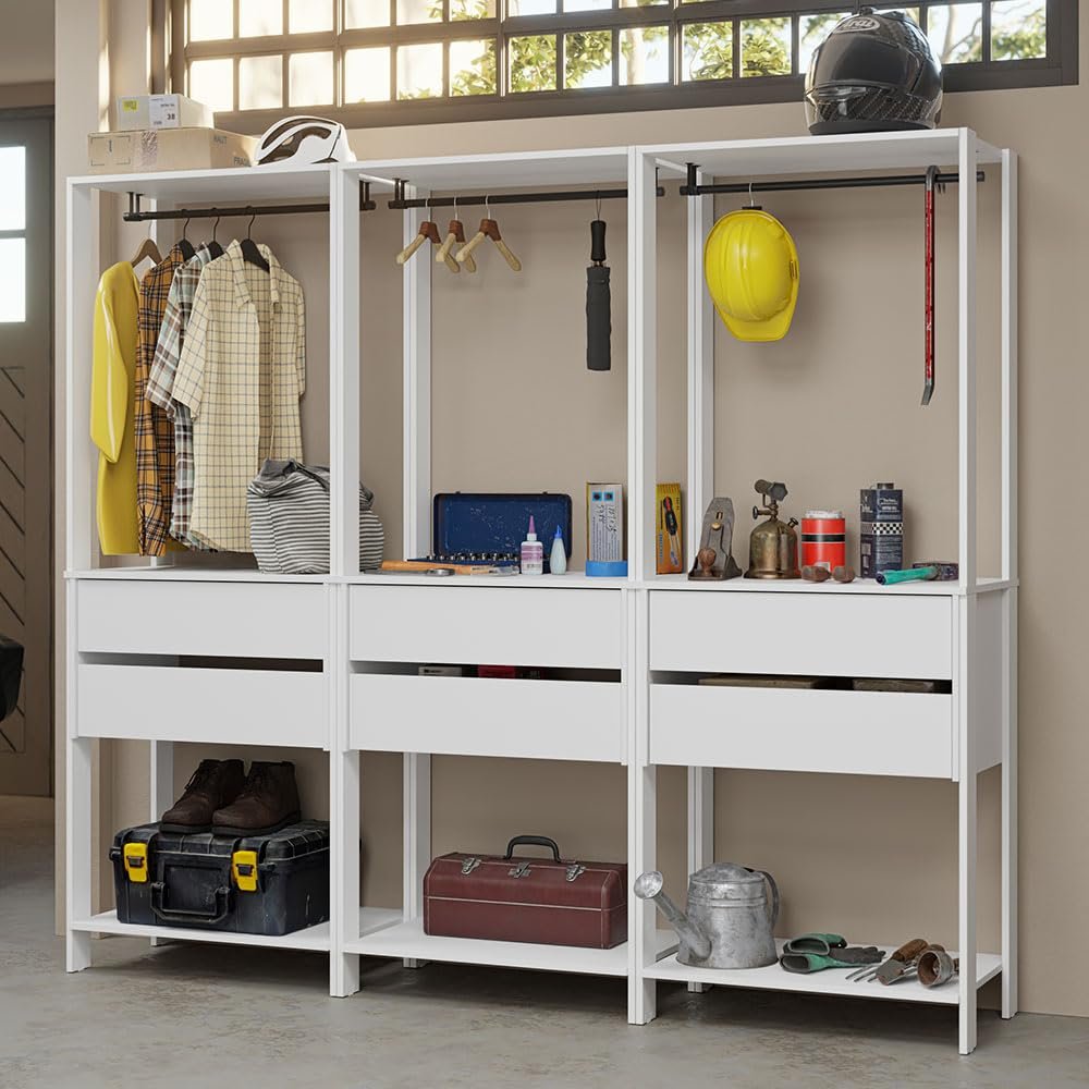 Madesa Garage Storage Rack with 6 Drawers and Hanging Spaces 82" L Multiuse Modular Organization Cabinet for Tools (WHITE)
