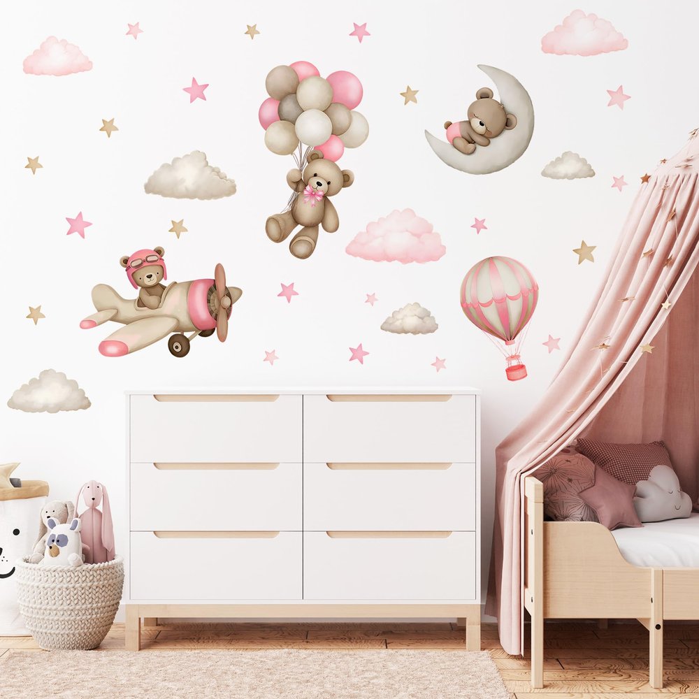 Teddy Bear Wall Decals - Cartoon Bear Air Balloon Star Moon Cloud Wall Stickers for Kids Room Girls and Boys Bedroom Baby Room Nursery Decoration (Pink Bear Wall Decal)