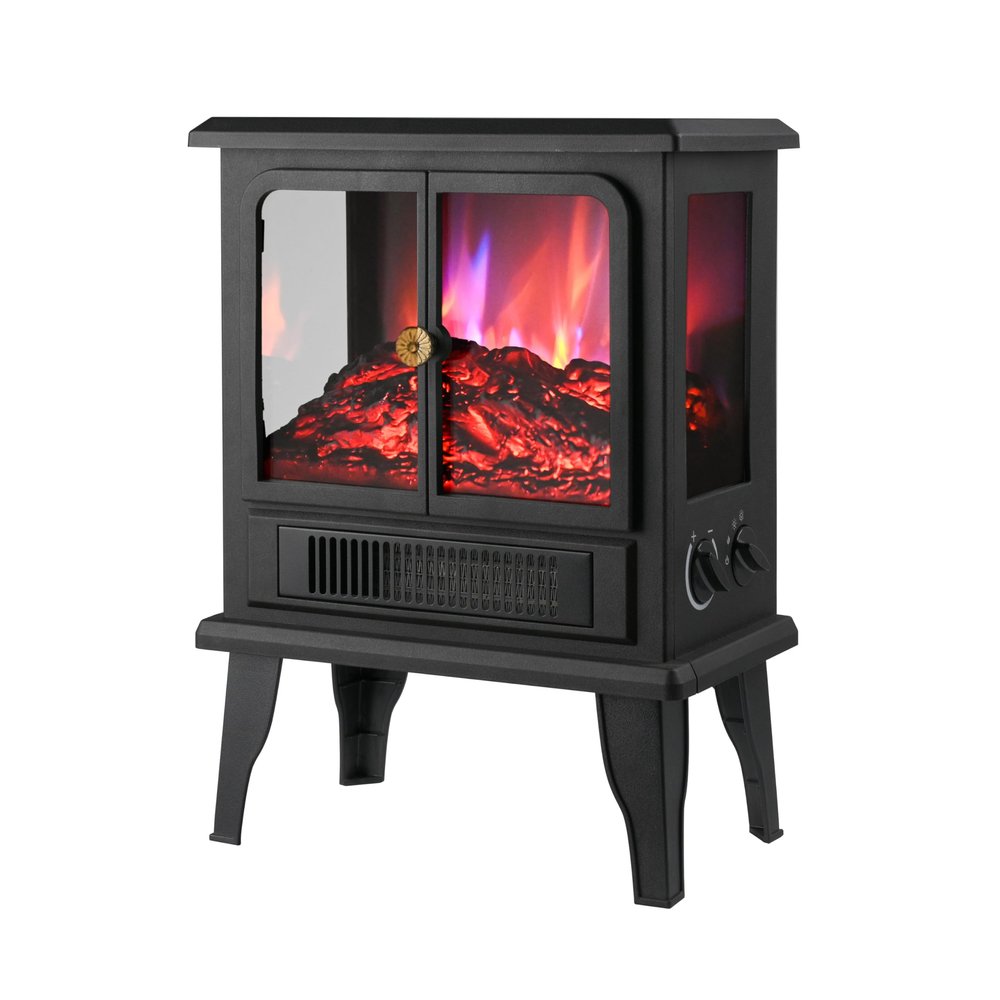 Techni Home Freestanding Electric Fireplace Heater w/Realistic Flame Effects, 2 Heat Settings (Low/High), Wire Heating Element, 3-Sided Viewing Windows, Overheat Protection, 1500W Indoor Space Heater