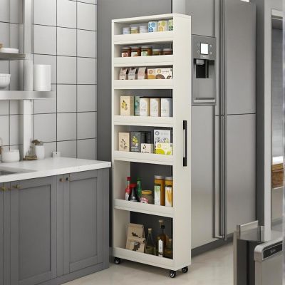EQWZUPD 7 Tier Standing-Shelf with Wheels, 5.9/7.9/9.8'', Wooden Slim Storage Cart, Thickened Plate, Scratch-Resistant and Wear-Resistant, for Home, Kitchen, Bakers, Closet, Pantry, Dining Room