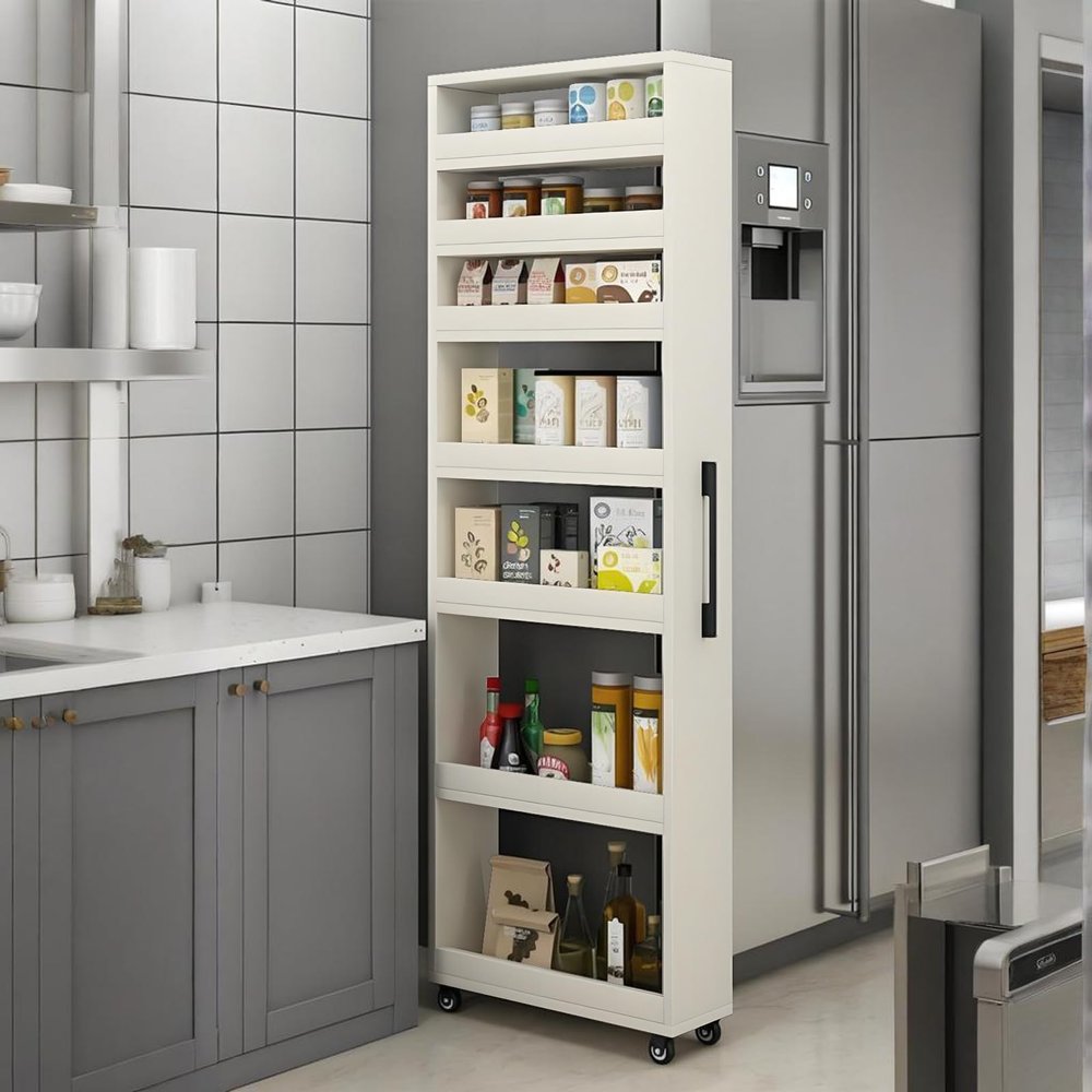 EQWZUPD 7 Tier Standing-Shelf with Wheels, 5.9/7.9/9.8'', Wooden Slim Storage Cart, Thickened Plate, Scratch-Resistant and Wear-Resistant, for Home, Kitchen, Bakers, Closet, Pantry, Dining Room