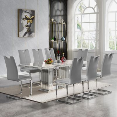9-Piece Dining Table Set with 8 Grey Chairs, Modern Faux Marble Dining Table Set for 8, Luxury White Silver Dining Room Set for 8, 68" Rectangle Kitchen Table with Stainless Steel Column-Base