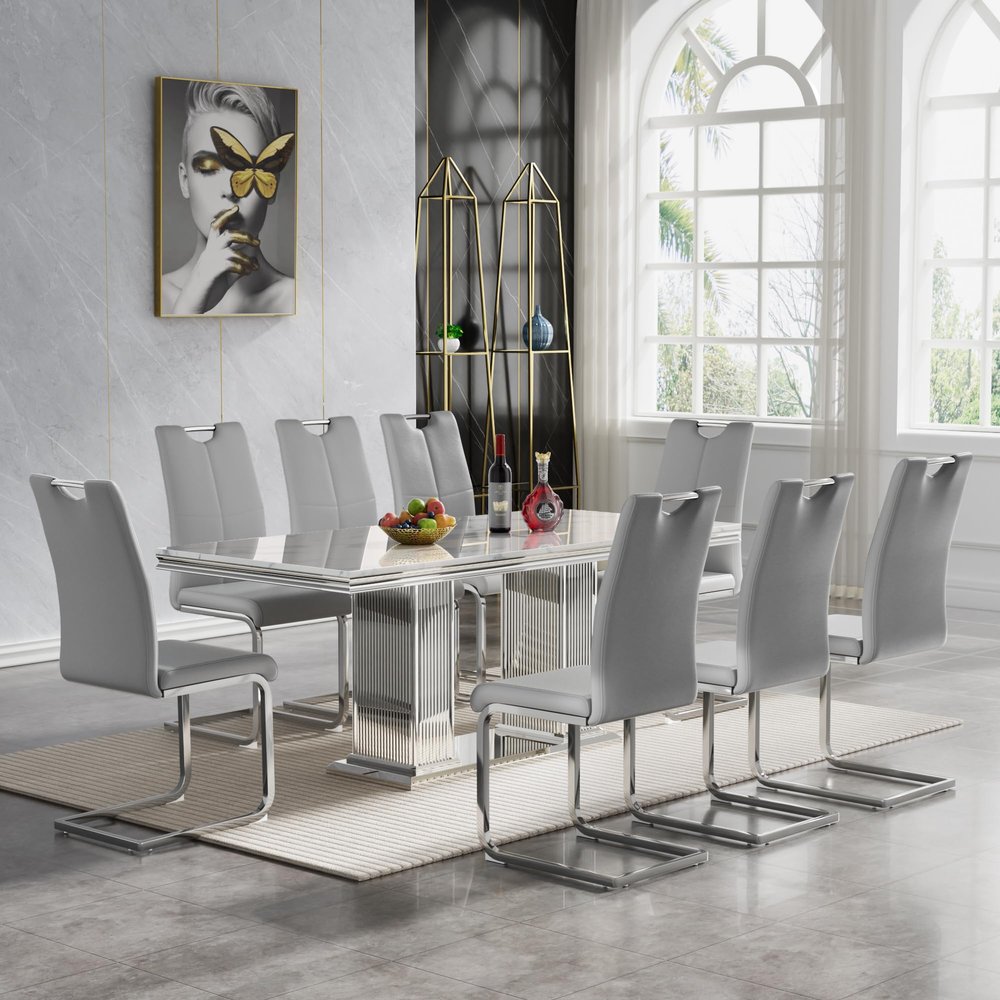 9-Piece Dining Table Set with 8 Grey Chairs, Modern Faux Marble Dining Table Set for 8, Luxury White Silver Dining Room Set for 8, 68" Rectangle Kitchen Table with Stainless Steel Column-Base
