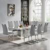 9-Piece Dining Table Set with 8 Grey Chairs, Modern Faux Marble Dining Table Set for 8, Luxury White Silver Dining Room Set for 8, 68" Rectangle Kitchen Table with Stainless Steel Column-Base view 1