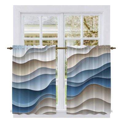 Liremdnso Moire Blue Brown Kitchen Curtains, Ombre Modern Abstract Geometric Light Filtering Window Curtain Panels, 2Pcs Rod Pocket Window Treatments Set for Cabin Bathroom Bedroom 52x45 Inches