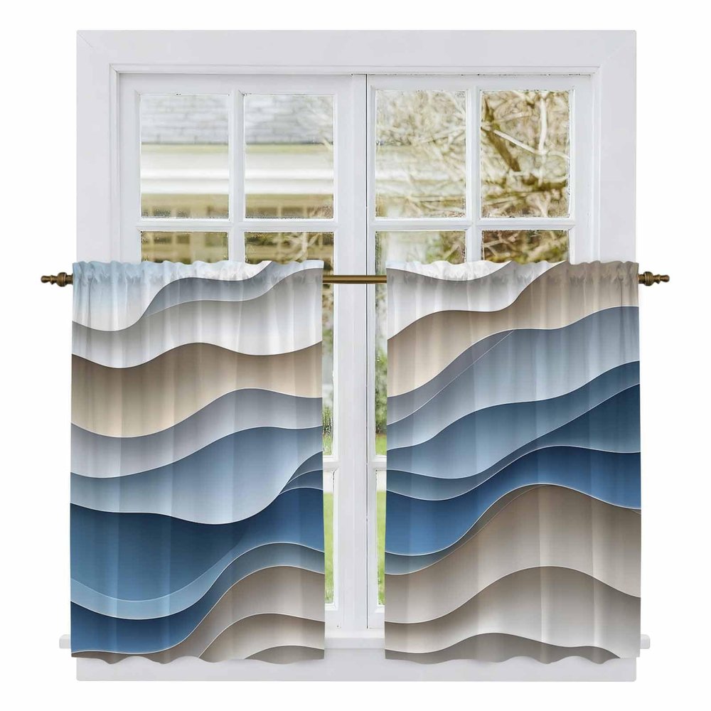 Liremdnso Moire Blue Brown Kitchen Curtains, Ombre Modern Abstract Geometric Light Filtering Window Curtain Panels, 2Pcs Rod Pocket Window Treatments Set for Cabin Bathroom Bedroom 52x45 Inches