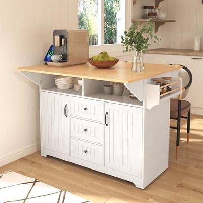 55.7" Large Rolling Kitchen Island Cart with 2 Drop Leaves, Power Outlet, 5 Wheels, Folding Storage Table for Restaurants & Home Use, Versatile Dining Solution