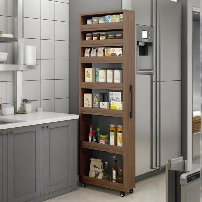 EQWZUPD 7 Tier Standing-Shelf with Wheels, 5.9/7.9/9.8'', Wooden Slim Storage Cart, Thickened Plate, Scratch-Resistant and Wear-Resistant, for Home, Kitchen, Bakers, Closet, Pantry, Dining Room