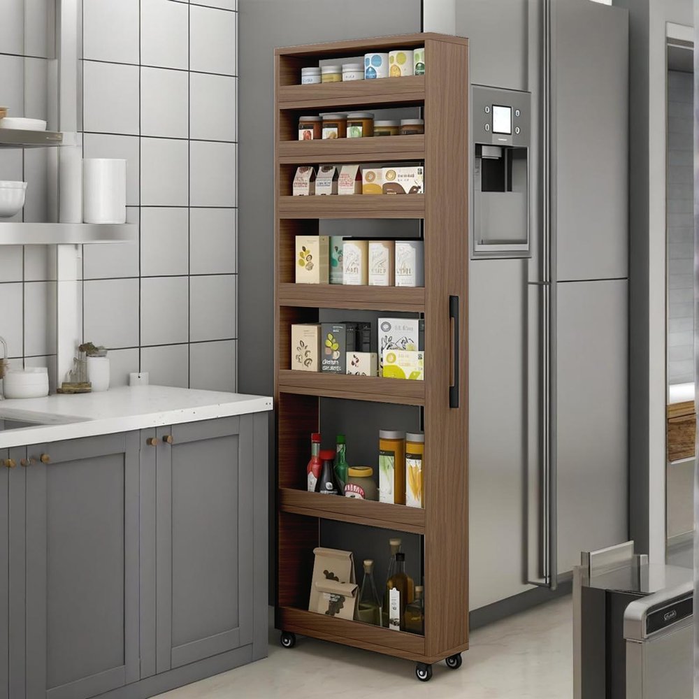 EQWZUPD 7 Tier Standing-Shelf with Wheels, 5.9/7.9/9.8'', Wooden Slim Storage Cart, Thickened Plate, Scratch-Resistant and Wear-Resistant, for Home, Kitchen, Bakers, Closet, Pantry, Dining Room