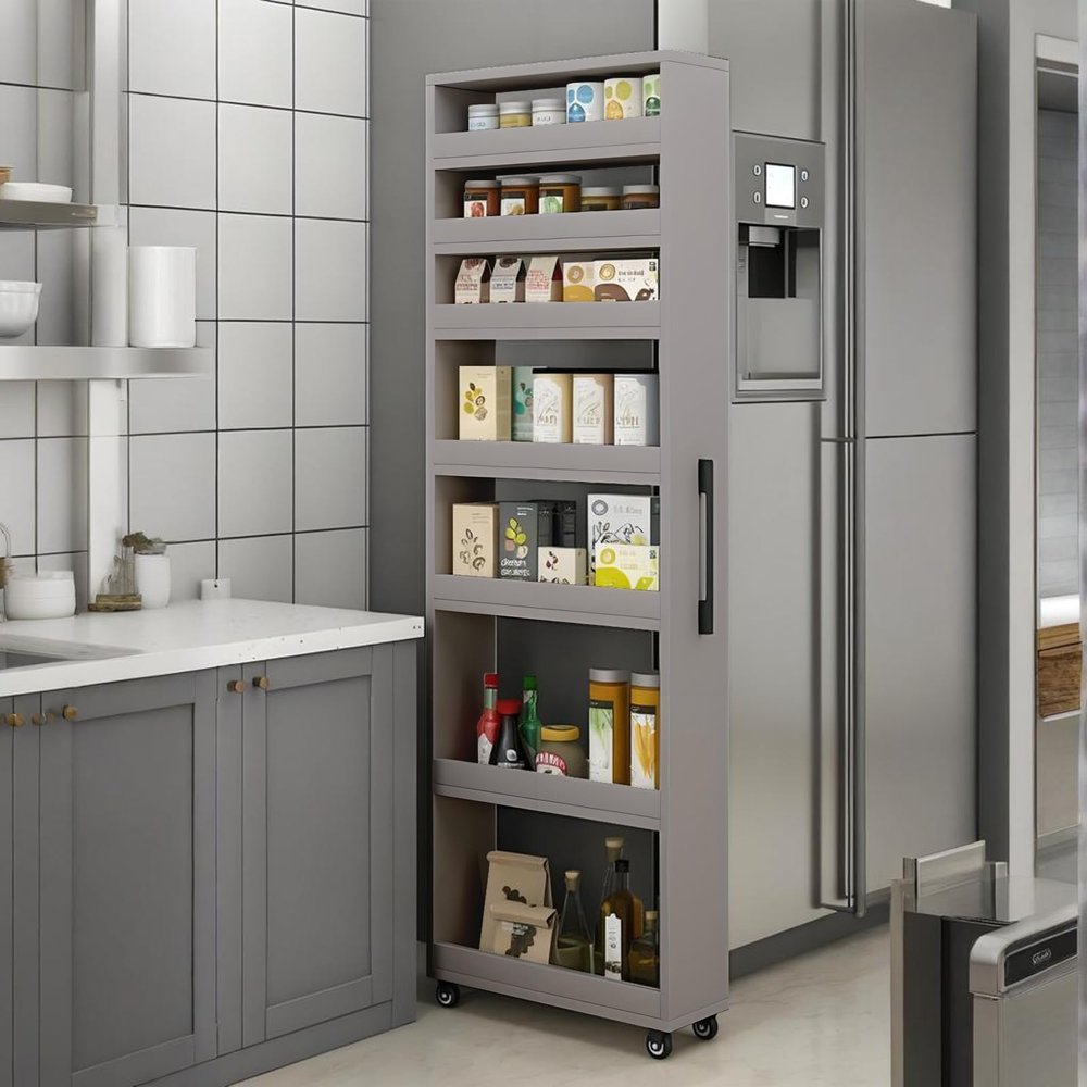 EQWZUPD 7 Tier Standing-Shelf with Wheels, 5.9/7.9/9.8'', Wooden Slim Storage Cart, Thickened Plate, Scratch-Resistant and Wear-Resistant, for Home, Kitchen, Bakers, Closet, Pantry, Dining Room