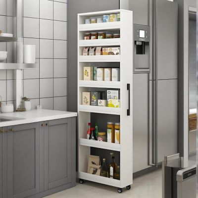 EQWZUPD 7 Tier Standing-Shelf with Wheels, 5.9/7.9/9.8'', Wooden Slim Storage Cart, Thickened Plate, Scratch-Resistant and Wear-Resistant, for Home, Kitchen, Bakers, Closet, Pantry, Dining Room