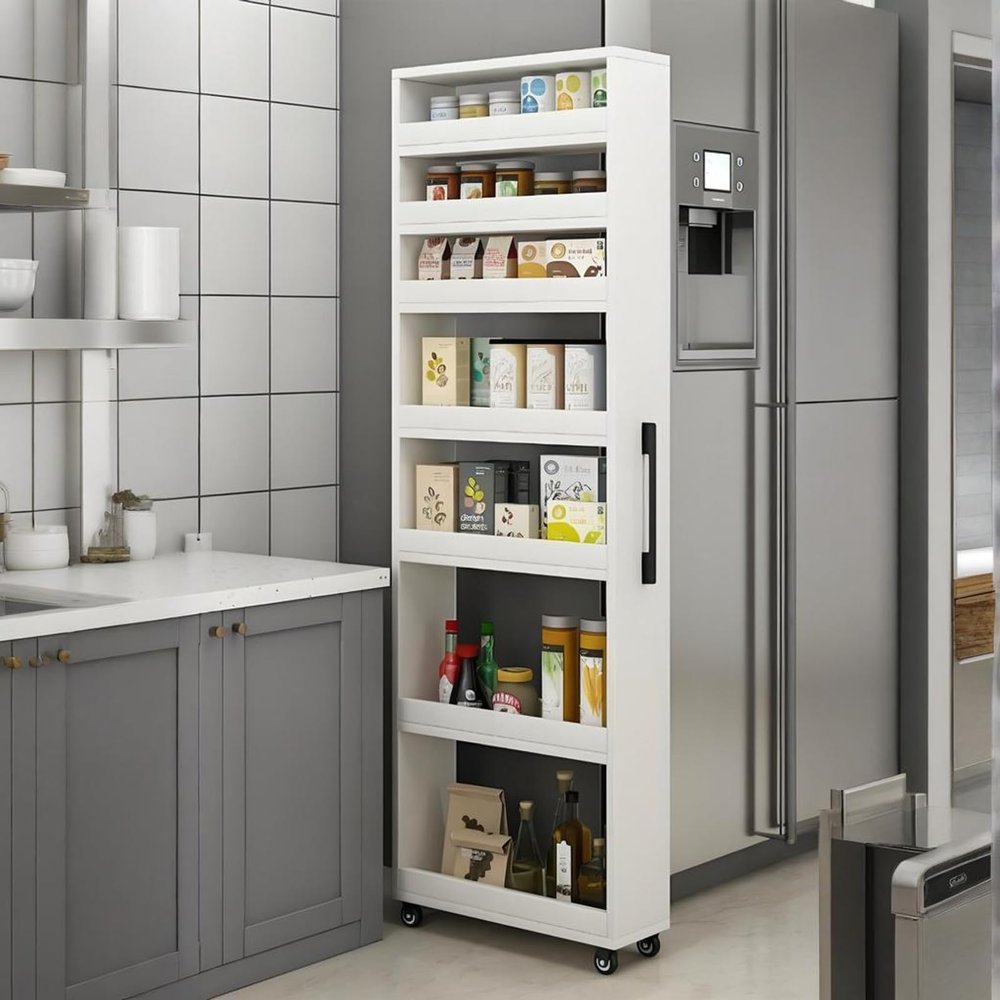 EQWZUPD 7 Tier Standing-Shelf with Wheels, 5.9/7.9/9.8'', Wooden Slim Storage Cart, Thickened Plate, Scratch-Resistant and Wear-Resistant, for Home, Kitchen, Bakers, Closet, Pantry, Dining Room