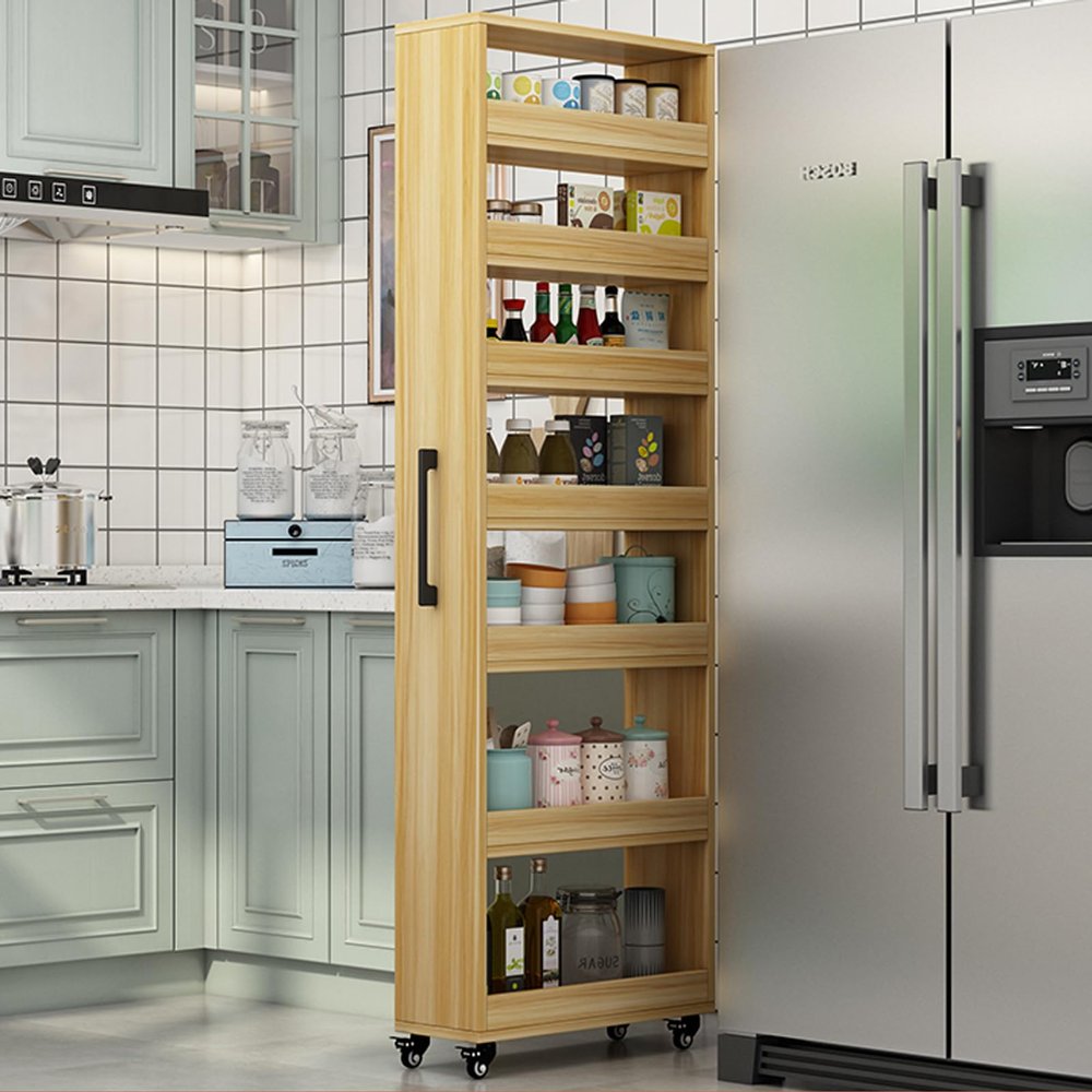 EQWZUPD 7 Tier Standing-Shelf with Wheels, 5.9/7.9/9.8'', Wooden Slim Storage Cart, Thickened Plate, Scratch-Resistant and Wear-Resistant, for Home, Kitchen, Bakers, Closet, Pantry, Dining Room