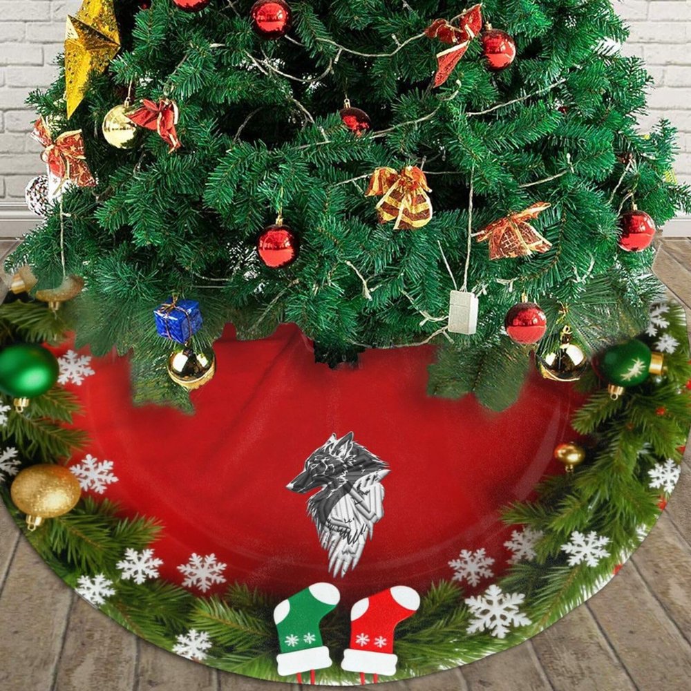 Christmas Tree Skirt Viking Norse Wolf Raven Christmas Decorations Soft Red Green Christmas Decor Mat for Xmas Holiday Decorations 36"