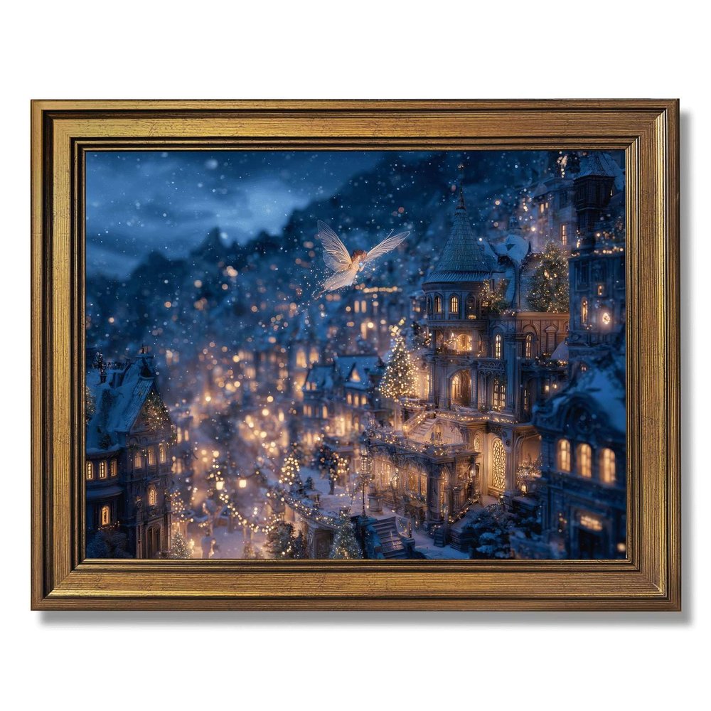 Framed Winter Fairy Tale Poster Canvas Print Art, Rustic Wall Art, Painting Pictures,Elegant Home Decor, Christmas Decoration for Living Room, Bedroom,Apartment (Retro Framed,12L X16W)
