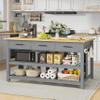 DynJest 60" Solid Rubberwood Kitchen Island with Power Outlets - Extra Large Work Surface, 3 Drawers & 2 Open Shelves Storage Cabinet for Kitchen Dining Room, Farmhouse Style (Grey) view 1