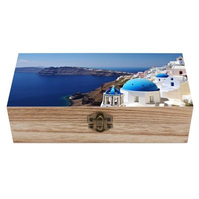 Wooden Treasure Chest Boxes for Keepsake Storage, Vintage Jewelry Box Santorini Greek Island Sea View Wood Storage Box, Memory Case for Crafts And Photo Storage, Supplies 7.9'' X 3.9'' X2.3''