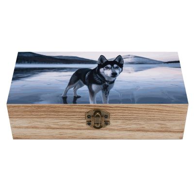 FekiLoot Wooden Treasure Chest Boxes for Keepsake Storage, Vintage Jewelry Box Husky Dog on A Frozen Lake Wood Storage Box, Memory Case for Crafts And Photo Storage, Supplies 7.9'' X 3.9'' X2.3''