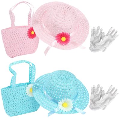 Tressify Set Of Tea Party Hats Bundle, Bonnets And Gloves For Kids, And Blue Straw Headwear With Handbags, Lovely Floral Embellishments, Suitable For Tea Parties, Birthdays And Celebrations