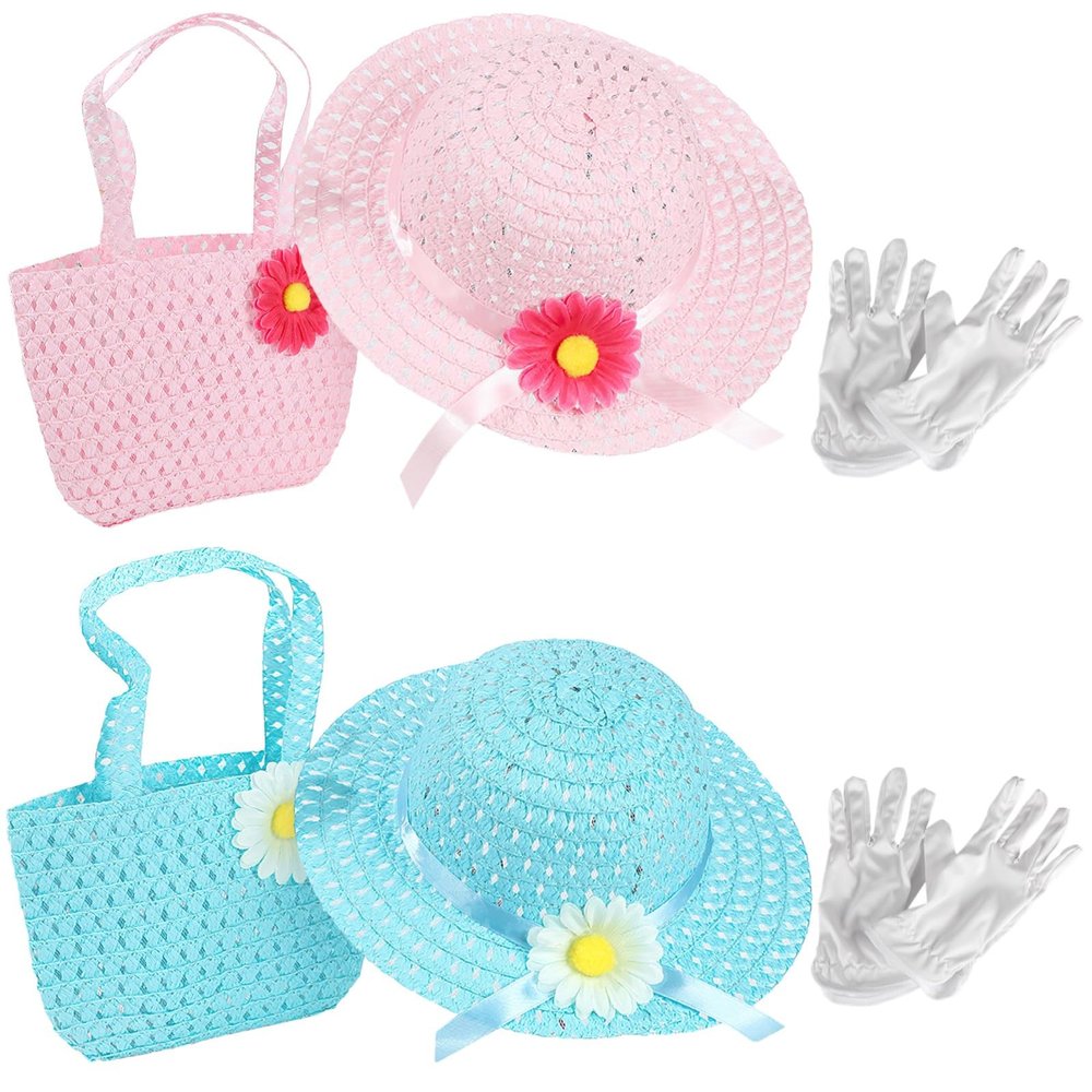 Tressify Set Of Tea Party Hats Bundle, Bonnets And Gloves For Kids, And Blue Straw Headwear With Handbags, Lovely Floral Embellishments, Suitable For Tea Parties, Birthdays And Celebrations