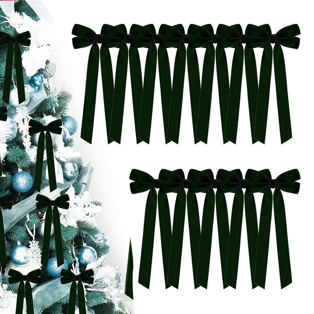 12Pcs Velvet Ribbon Bows for Christmas Tree, 5" x 10" Red/Green Christmas Tree Velvet Bows Ornaments for Home Party Trees Garland Wreath Holiday Decor