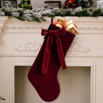19 Inch Velvet Christmas Stocking with Large Decorative Bow Luxury Velvet Stocking, Elegant Fireplace Mantel Decor, Reusable Gift Bag for Christmas Tree, Wreath (Red)