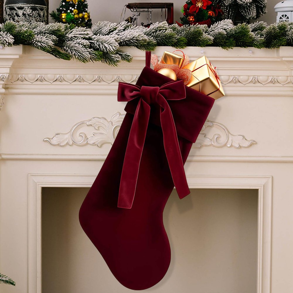 19 Inch Velvet Christmas Stocking with Large Decorative Bow Luxury Velvet Stocking, Elegant Fireplace Mantel Decor, Reusable Gift Bag for Christmas Tree, Wreath (Red)