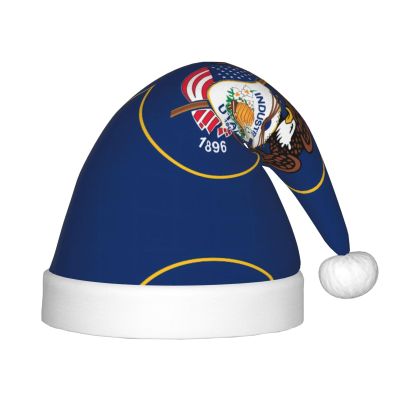 ChenGua Classic Christmas Santa Hats, Utah Flag Print Party Headwear, Lightweight Warm Holiday Caps, Christmas Gift