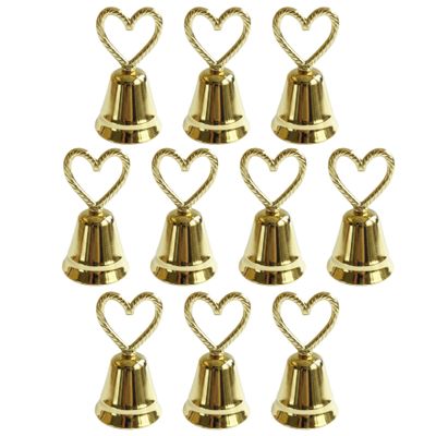 10pcs Silver Bell Place Card Holders: Gold Kissing Bells Place Card for Restaurant Menu, Weddings, Party Decoration, Receptions, Place Card Holders Kissing Bells (Gold Heart)