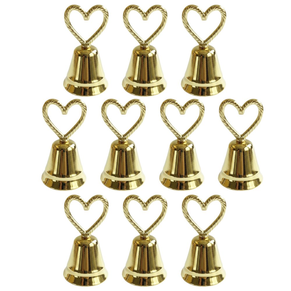 10pcs Silver Bell Place Card Holders: Gold Kissing Bells Place Card for Restaurant Menu, Weddings, Party Decoration, Receptions, Place Card Holders Kissing Bells (Gold Heart)