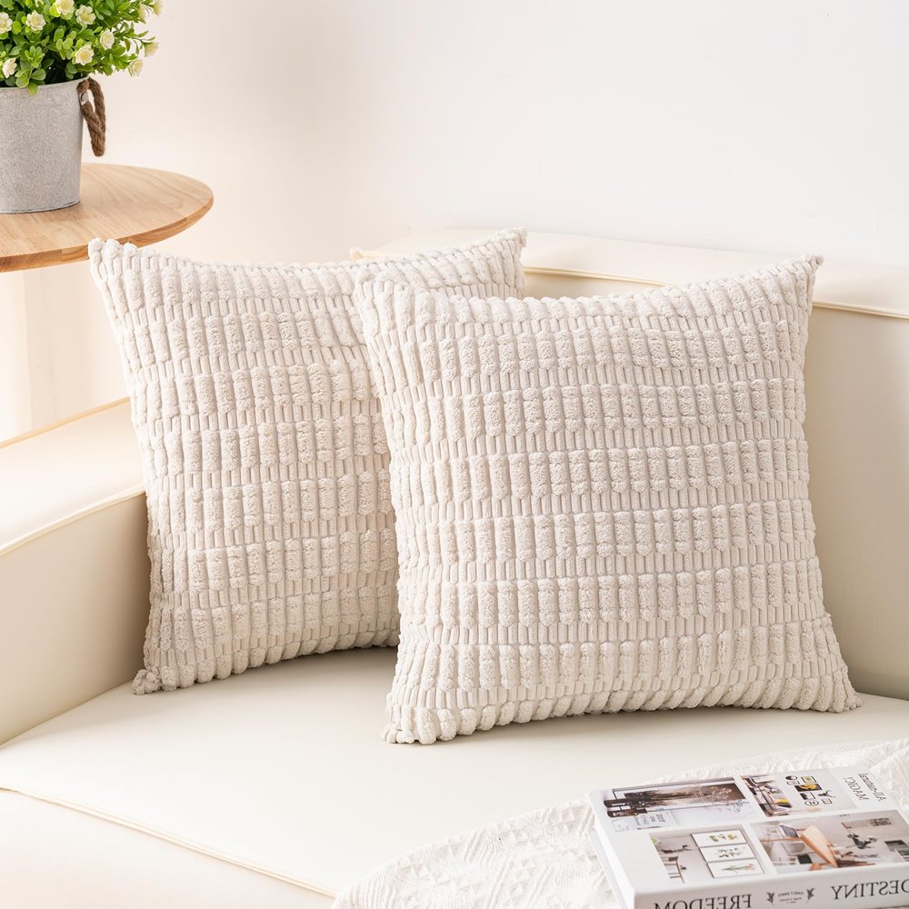 Aegero Pack of 2 Corduroy Decorative Throw Pillow Covers 26x26 InchSoft Striped Pillow Covers Modern Farmhouse Home Decor for Sofa Living Room Couch BedCream White