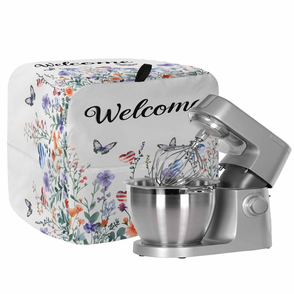 4th of July Botanical Stand Mixer Cover Dustproof & Waterproof, Independence Day Butterfly Welcome Kitchen Appliance Covers with Storage Pocket, Organizer Bag for Accessories Compatible 5-8 Quarts