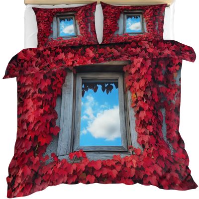 GKPLY Red Comforter Set, Red Leaves Bedding Set, Countryside Duvet Cover with Zipper & Ties, Reversible Bedding & Bedroom Decor, 3 Pieces, 2 Pillow Cases, California King