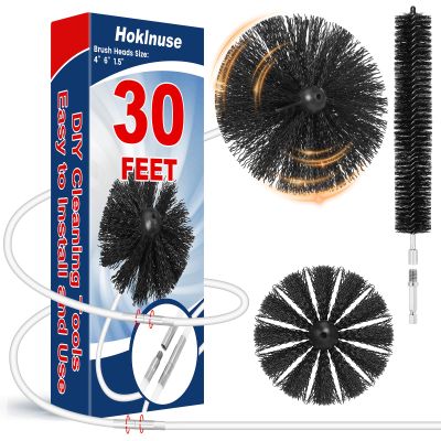 HOKLNUSE Dryer Vent Cleaner Kit Ducts Cleaning Kit for Dryer Air Duct HVAC Vent Fireplace Chimney Pellet Stove Gutter Downspout Dryer Vent Lint Removers with 1.5" 4" 6" Brush Heads(30 Feet)