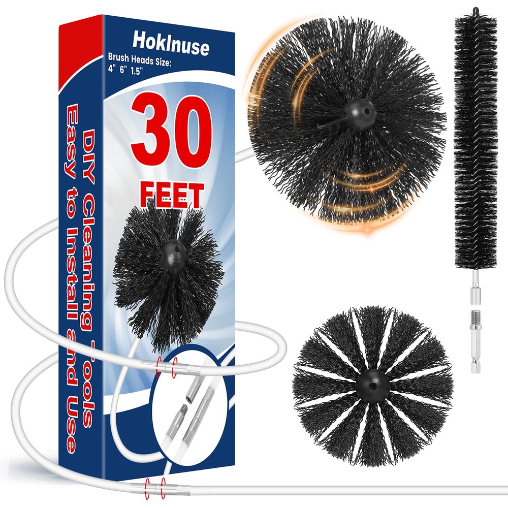 HOKLNUSE Dryer Vent Cleaner Kit Ducts Cleaning Kit for Dryer Air Duct HVAC Vent Fireplace Chimney Pellet Stove Gutter Downspout Dryer Vent Lint Removers with 1.5" 4" 6" Brush Heads(30 Feet)